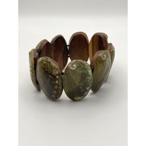 Natural Shell Stretch Bracelet Earthy Coastal Handmade Beachy Wood Panel Backs